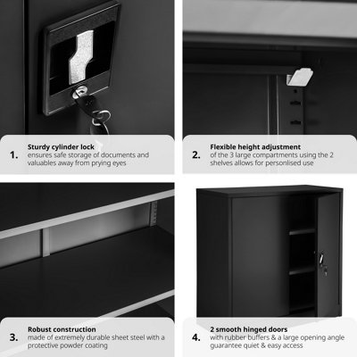 Filing Cabinet - 3 shelves, height-adjustable, lockable, 90 x 40 x 90 cm - 1 - black