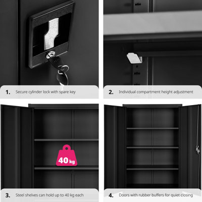 Filing Cabinet - 4 adjustable shelves, lockable, 140 x 90 x 40 cm - 1 - black