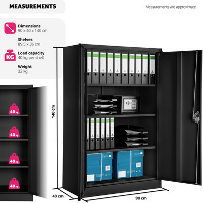 Filing Cabinet - 4 adjustable shelves, lockable, 140 x 90 x 40 cm - 1 - black