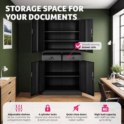 Filing Cabinet Cosmo - 2 drawers, 5 adjustable shelves, 180 x 80 x 40 cm - 1 - black/black
