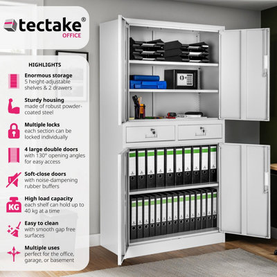 Filing Cabinet Cosmo - 2 drawers, 5 adjustable shelves, 180 x 80 x 40 cm - 1 - light grey