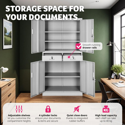 Filing Cabinet Cosmo - 2 drawers, 5 adjustable shelves, 180 x 80 x 40 cm - 1 - light grey