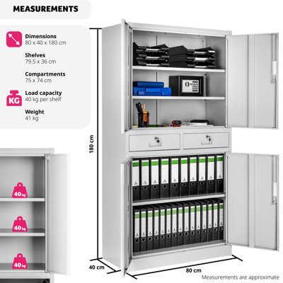 Filing Cabinet Cosmo - 2 drawers, 5 adjustable shelves, 180 x 80 x 40 cm - 1 - light grey