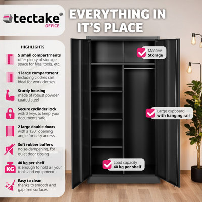 Filing Cabinet - locker with 6 shelf compartments, clothes rail, 2 wing doors - 1 - black