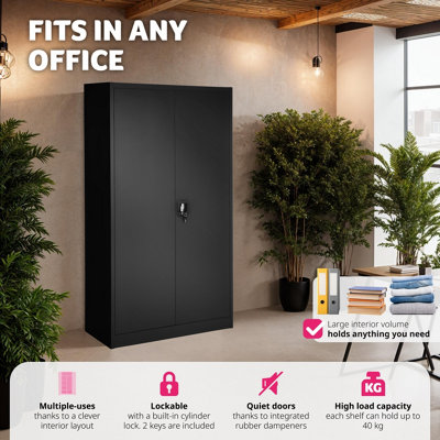 Filing Cabinet - locker with 6 shelf compartments, clothes rail, 2 wing doors - 1 - black