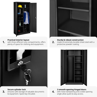 Filing Cabinet - locker with 6 shelf compartments, clothes rail, 2 wing doors - 1 - black