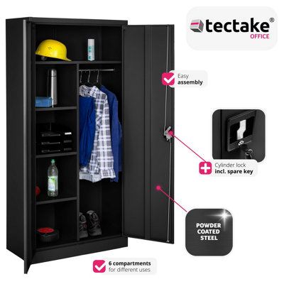 Filing Cabinet - locker with 6 shelf compartments, clothes rail, 2 wing doors - 1 - black