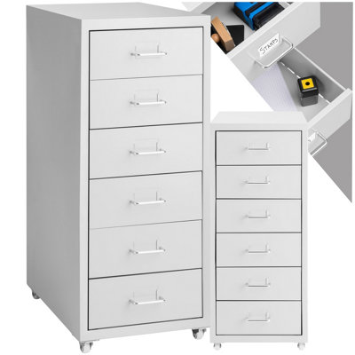 Filing Cabinet - made of steel, 4 wheels, 6 drawers, label holders, easy assembly - 1 - light grey