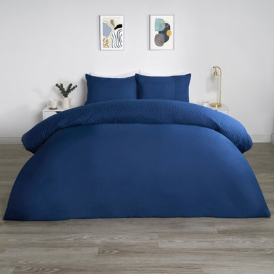 Filled Pinsonic Grid Panel Duvet Cover Bedding Set, Navy - Double