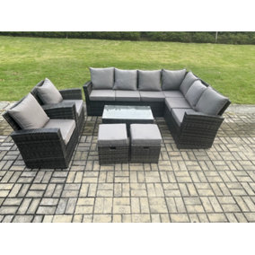 Fimous 10 Seater High Back Outdoor Garden Furniture Set Rattan Corner Sofa Set With Rectangular Coffee Table 2 Small Footstools