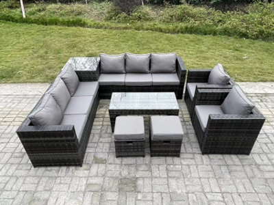 Fimous 10 Seater Rattan Corner Sofa Set With Square Side Table And Oblong Rectangular Coffee Tea Table 2 PC Arm Chair Stools