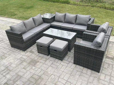 Fimous 10 Seater Rattan Corner Sofa Set With Square Side Table And Oblong Rectangular Coffee Tea Table 2 PC Arm Chair Stools