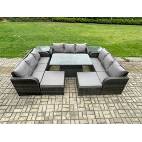 Fimous 11 Seater Garden Dining Set Outdoor Rattan Furniture Lounge Sofa Height Adjustable Rising lifting Table