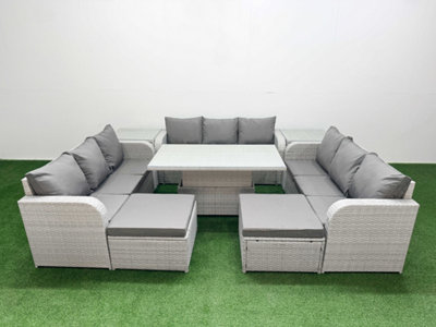 Fimous 11 Seater Outdoor Garden Furniture Set Adjustable Lifting Dining or Coffee Table 3 Seater Sofa 2 Big Footstool 2 Side Table