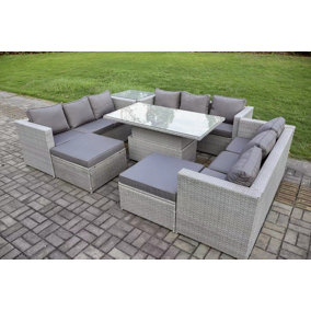 Fimous 11 Seater Outdoor PE Rattan Garden Funiture Set Adjustable Rising Lifting Table Sofa Dining Set with Side Table