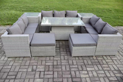 Fimous 11 Seater PE Rattan Garden Funiture Set Adjustable Rising Lifting Table Sofa Dining Set with 2 Side Tables