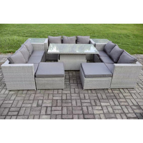 Fimous 11 Seater PE Rattan Garden Funiture Set Adjustable Rising Lifting Table Sofa Dining Set with 2 Side Tables