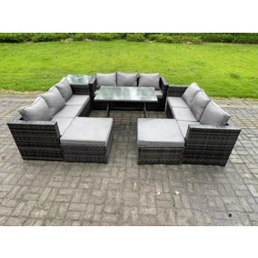 Fimous 11 Seater Rattan Outdoor Furniture Lounge Sofa Garden Dining Set with Dining Table Side Table Footstools
