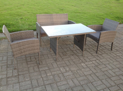 Fimous 4 Seater Grey Mixed Rattan Sofa Set Dining Table Garden