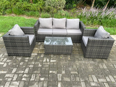 Fimous 5 Seater Outdoor Lounge Sofa Set Wicker PE Rattan Garden Furniture Set with Armchair Oblong Coffee Table Dark Grey Mixed