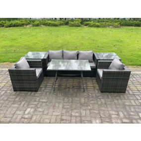 Fimous 5 Seater Rattan Outdoor Furniture Garden Dining Set with Oblong Dining Table 2 Armchairs 2 Side Tables
