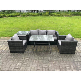Fimous 5 Seater Wicker Rattan Outdoor Furniture Garden Dining Set with Sofa Oblong Dining Table Armchair Side Table