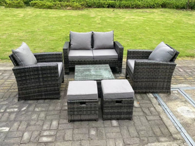 Fimous 6 Seater Dark Grey Mixed High Back Rattan Sofa Set Square Coffee Table Garden Furniture Outdoor 2 Stools