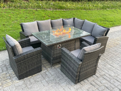 Fimous 6 Seater High Back Rattan Corner Sofa Set Gas Fire Pit Dining Table Set Heater Burner With 2 Arm Chair