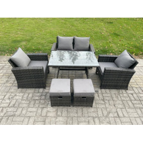 Fimous 6 Seater Outdoor Garden Furniture High Back Rattan Sofa Dining Table Set with 2 Small Footstools Dark Grey Mixed