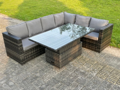 Fimous 6 Seater Rattan Corner Sofa Set Rising Adjustable Dining Table Set With Seat And Back Cushion