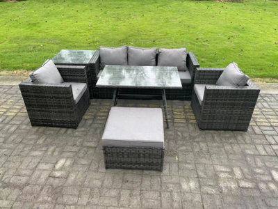 Fimous 6 Seater Wicker Rattan Outdoor Furniture Garden Dining Set with Sofa Oblong Dining Table 2 Armchairs Stool