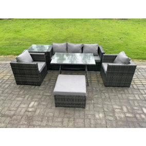 Fimous 6 Seater Wicker Rattan Outdoor Furniture Garden Dining Set with Sofa Oblong Dining Table 2 Armchairs Stool