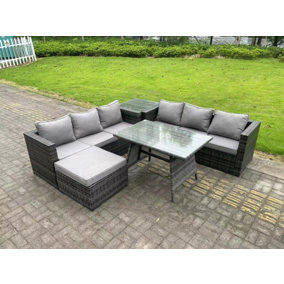 Fimous 7 Seater Rattan Garden Dining Set Outdoor Furniture Sofa with Dining Table Big Footstool Side Table