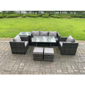 Fimous 7 Seater Rattan Outdoor Furniture Garden Dining Set with Lounge Sofa Dining Table 2 Armchairs Small Stools