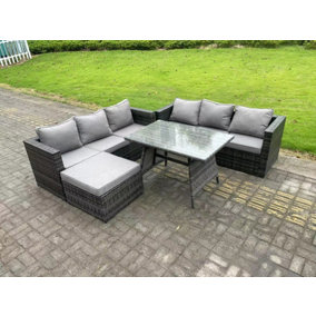 Fimous 7 Seater Rattan Outdoor Furniture Sofa Garden Dining Set with Oblong Dining Table Big Footstool Dark Grey