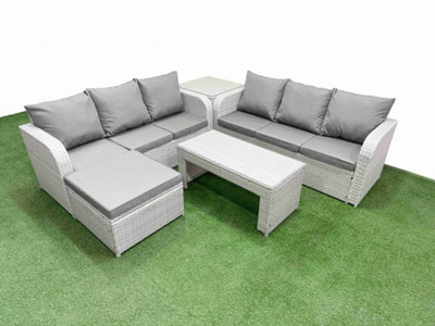Fimous 7 Seater Wicker Rattan Furniture Sofa Sets Oblong Coffee Table high Back Lounge Sofa Big Footstool Side Table Light Grey