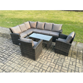 Fimous 8 Seat Rattan Garden Furniture Corner Sofa Set Outdoor Patio Chair Sofa Table Set Dark Grey Mixed