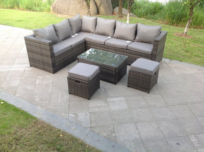 Fimous 8 Seater Grey Rattan Corner Sofa Set Coffee Oblong Coffee Table 