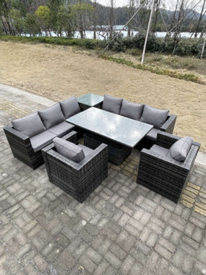 Fimous 8 Seater PE Rattan Corner Sofa Set Rising Adjustable Dining Table Set High Side Coffee Table With  2 Arm Chairs