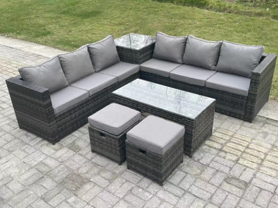 Fimous 8 Seater Rattan Corner Sofa Set With Square Side Table And Oblong Rectangular Coffee Tea Table 2 Stools Dark Grey Mixed