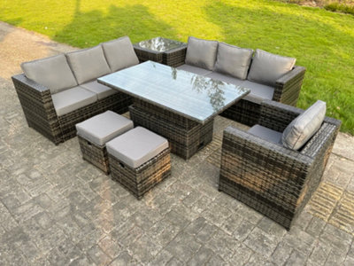 Fimous 9 Seater Outdoor Rattan Sofa Set Adjustable Rising Lifting Side Tables Chairs Footstool Dark Grey Mixed