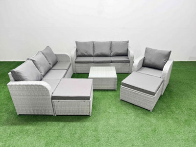 Fimous 9 Seater Poly Rattan Outdoor Garden Furniture Square Coffee Table Sofa Set 3 Seater Sofa2 Big Footstools Light Grey