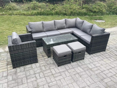 Fimous 9 Seater Rattan Corner Sofa Lounge Sofa Set With Rectangular Coffee Table 2 Stool Dark Grey Mixed Right Hand