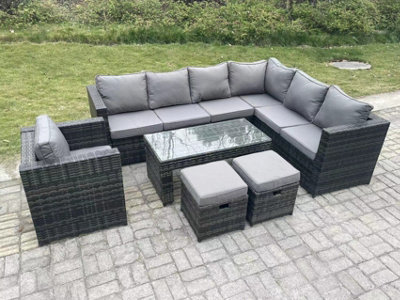 Fimous 9 Seater Rattan Corner Sofa Lounge Sofa Set With Rectangular Coffee Table 2 Stool Dark Grey Mixed Right Hand