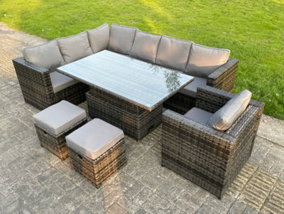 Fimous 9 Seats Dark Mixed Grey Rattan Garden Furniture Corner Sofa Set Adjustable Rising Dining Or Coffee Table With Arm Chair