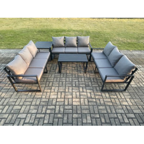 Fimous Aluminium 9 Seater Outdoor Garden Furniture Set Lounge Sofa Oblong Coffee Table Side Table Sets with Cushions Dark Grey