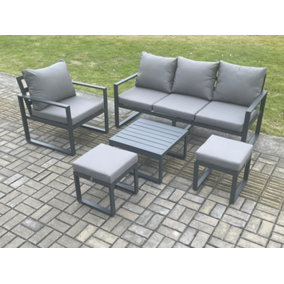 Fimous Aluminium Outdoor Garden Furniture Set Lounge Sofa Chair Square Coffee Table Sets with 2 Small Footstools Dark Grey