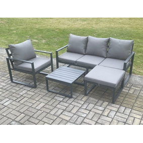 Fimous Aluminium Outdoor Garden Furniture Set Lounge Sofa Chair Square Coffee Table Sets with Big Footstool Dark Grey