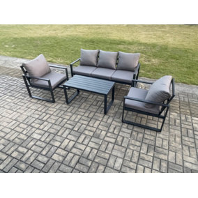 Fimous Aluminium Outdoor Garden Furniture Set Patio Lounge Sofa with Oblong Coffee Table 2 Armchairs Set Dark Grey