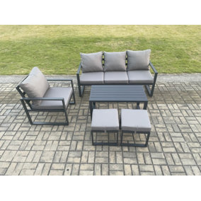 Fimous Aluminium Outdoor Garden Furniture Set Patio Lounge Sofa with Oblong Coffee Table 2 Small Footstools Armchair Dark Grey